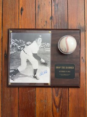 Bob Feller signed photo & baseball plaque Drop the Hammer